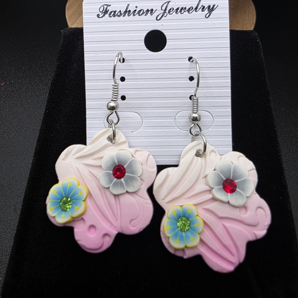 (3 FOR $12) Fashion Jewelry Pink and Blue Floral Earrings (1395)